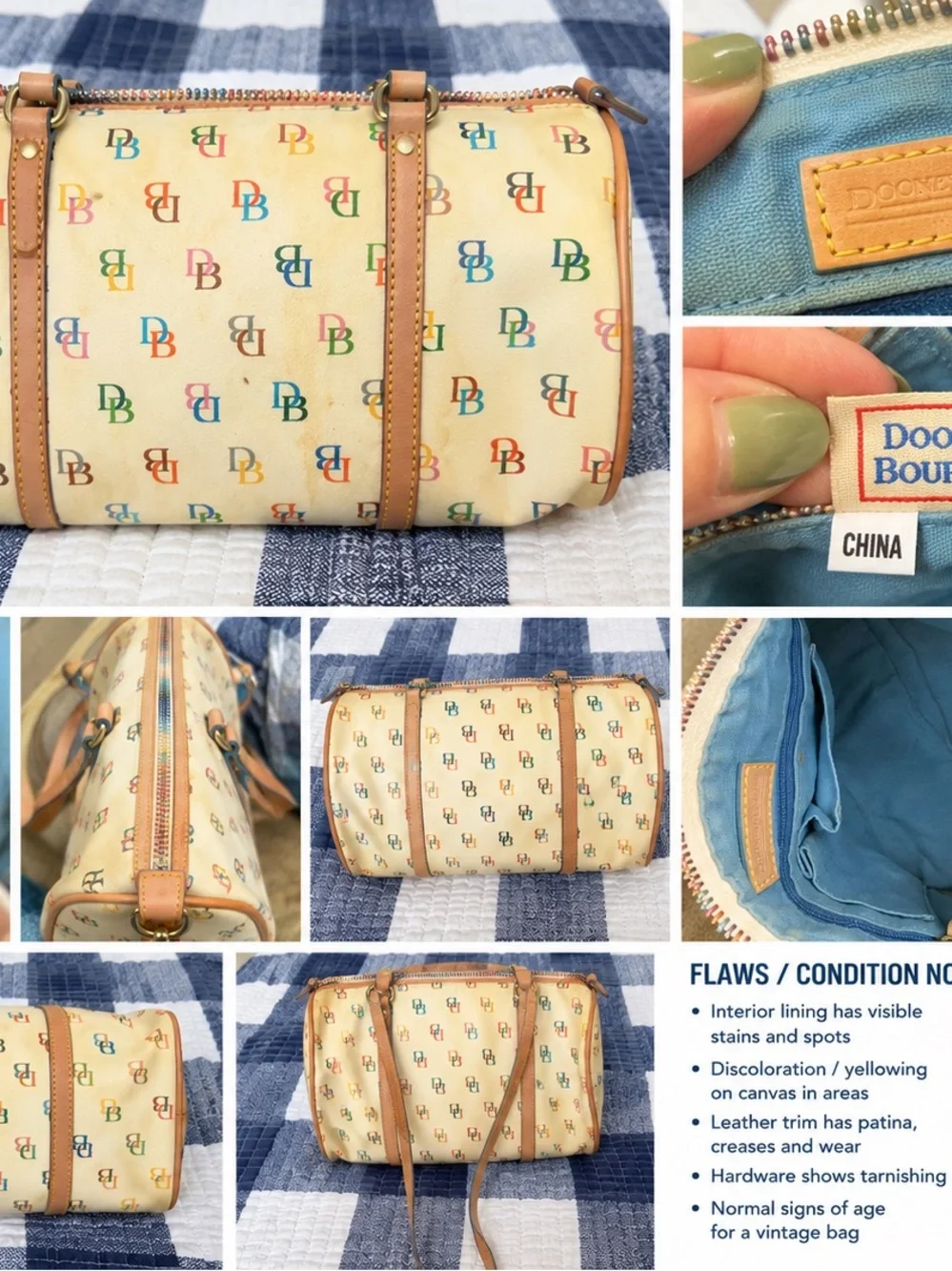 Dooney & Bourke Cream Multicolor DB Monogram Barrel Bag with Tan Trim